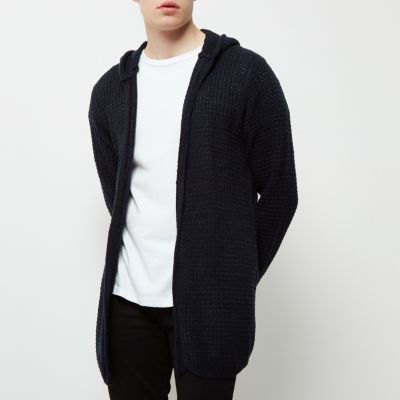 Blue knit open hooded longline cardigan
